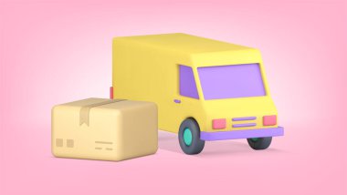 Paket kargo kamyonu kurye teslimat servisi gerçekçi 3D ikon vektör çizimi. Karton kutu posta paketi çevrimiçi alışveriş siparişi taşımacılık kamyonet otomobil lojistik dağıtımı