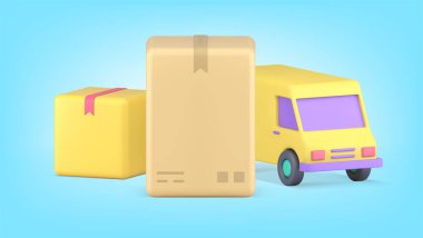 Ekspres kargo kurye servisi ulaşım 3D ikon vektör ilüstrasyonunu hareket ettiriyor. Hızlı kargo kamyonu nakliye aracı karton kutu posta paketi lojistik dağıtım