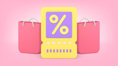 Gerçekçi 3d ikon vektör illüstrasyonunda indirimli indirimli indirim kuponu satın almak. Mallar çanta işi ticari pazarlama izni Kara Cuma kuponu.