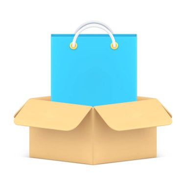Çevrimiçi alışveriş siparişi paketi açık karton kutuda perakende ticari kurye servisi 3d ikon vektör illüstrasyonunda. İnternet mağazası kargo lojistik iş taşımacılığını satın aldı