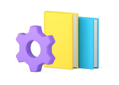Kitap okuma süreci fen bilgisi eğitimi edebiyat dersi geliştirme 3d ikon vektör ilüstrasyonu. İlginç bilgi ders kitabı arama dişli mekanizması bilgi geliştirme