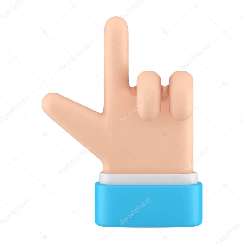 Business male hand blue suit fingers pointing up idea direction cursor realistic 3d icon vector illustration. Raised index finger arm choose button click gesture touch screen pointer virtual swipe