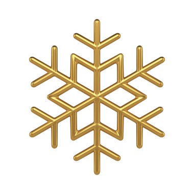 Pahalı kristal süslemeli altın metalik kar tanesi gerçekçi 3d şablon çizimi. Lüks, parlak, yansıtıcı yüzey dairesi karlı buz kalıbı izole edildi. Noel kış dekoru