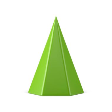 Minimalist Noel ağacı konisi iç dekoratif 3d izometrik vektör çizimi için eşsiz dekoratif tasarım şeklindedir. Parlak yeşil Xmas geleneksel kış tatilinin modern üçgen sembolü.