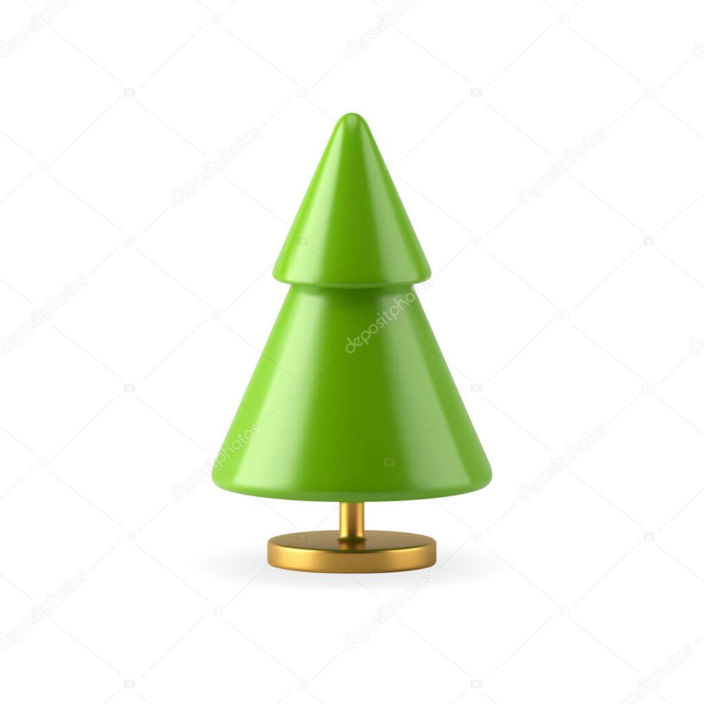 Minimalistic green tree isometric figure on golden rack for interior decorative design 3d vector illustration. Realistic Christmas tree triangle shape symbol of winter holiday cute toy isolated