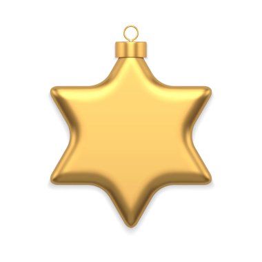 Realistic luxury metallic golden six pointed star with loop for hanging on Christmas tree vector illustration. Expensive jewelry Xmas spruce bauble glossy decorative design winter holiday celebrate