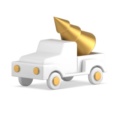 Gerçekçi şirin bir pikap. Pahalı bir Noel ağacı taşımacılığı. 3d izometrik vektör çizimi. Lüks Xmas oyuncak ladini ya da masa dekoratif tasarımı kış tatili izole