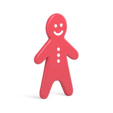 Gerçekçi kırmızı klasik zencefilli kurabiye adam geleneksel Noel figürü izometrik Xmas ladin dekoru çizimi. Komik yeni yıl insanı, kış tatilini beyazlar içinde yalnız kutluyor.