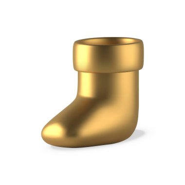 Şirin, tüylü, geleneksel kış ayakkabısı Noel çorabı altın metalik, lüks dekoratif tasarım vektör çizimi. Kış tatili dekorasyonu için pahalı mücevherler masası.