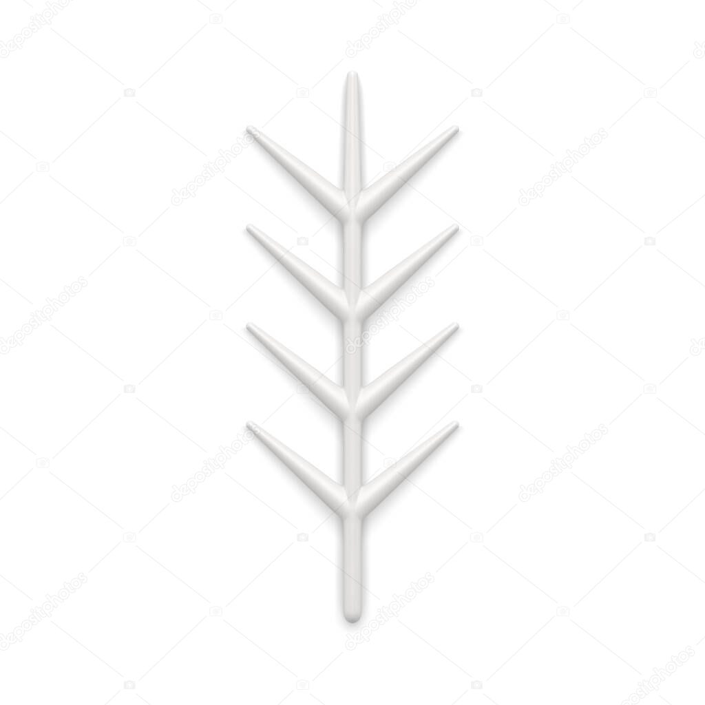 Realistic cute white vertical glossy coniferous branch with sharp needles for Christmas festive decorative design 3d template vector illustration. Tender premium artificial spruce winter bauble mockup