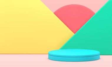 Daire podyum arenası parlak geometrik üçgen 3d arkaplan ürün gösterisi gerçekçi vektör illüstrasyonu. Yuvarlak kaide ödül sergisi perde arkası duvar temeli reklam sahnesi