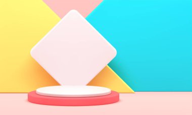 Promosyon silindirli podyum seviyesi aşama 3d arka plan ürün reklamı şov gerçekçi vektör illüstrasyonu. Yuvarlak geometrik eşkenar dörtgen renkli platform temel temelini göster