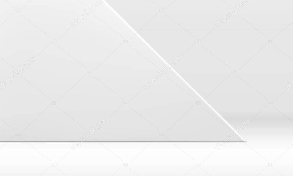 White geometric 3d background triangle wall display product showcase presentation realistic vector illustration. Advertising exhibition minimalist clean scene studio geometric rendering podium