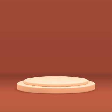 Bej daire sahne basamakları ürün sunumu için podyum tanıtımı 3D tasarım gerçekçi vektör illüstrasyonu. Yuvarlak kaide stüdyo kahverengi arkaplan temel şablonu