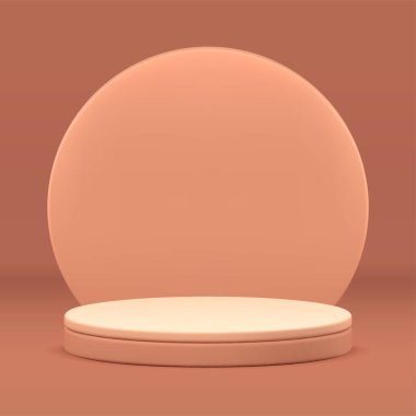 Ürün tanıtım sunumu için halka şeklinde kahverengi vitrin podyumu 3D tasarım gerçekçi vektör illüstrasyonu. Silindir kaidesel bej renkli pastel geometrik platform sahne yuvarlak duvar stüdyo arkaplanı