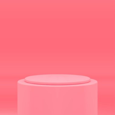 Showcase temel fondöten pembe pastel silindir basamakları 3D stüdyo arka plan gerçekçi vektör illüstrasyonunu gösteriyor. Yayalar yuvarlak podyum reklam platformu ürün sunum dekoru tasarımını gösterir