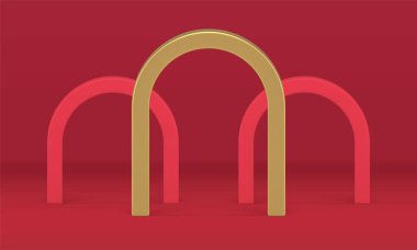Archway blok kırmızı altın stüdyo ürün sunum olayı 3D tasarım gerçekçi vektör illüstrasyonu. Kemer geometrik temel temel temel reklam sütunu dekoratif ögesi