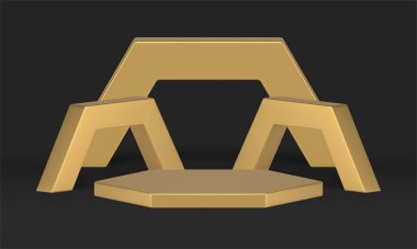 Altın çokgen arena ürün sunumu kaidesel geometrik sahne 3d dekor tasarımı gerçekçi vektör illüstrasyonu. Altıgen temel temel temel temel podyum sahne mimari çerçeve kemer dekoratif element