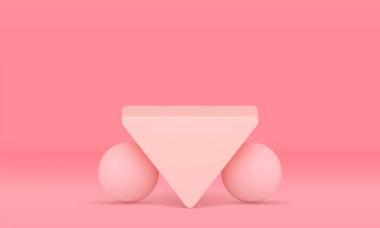 Geometrik ters üçgen platform ve küre pembe pastel temel gerçekçi vektör illüstrasyonu. Açısal podyum sahne kaidesel mimari vitrin minimalist sahne bloğu platformu