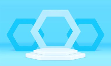Altıgen mavi kaidesel basamaklar geometrik 3d dekor elementi taban temeli gerçekçi vektör illüstrasyonu. Çokgen podyum mimari temel platform ürün sunumu stand tasarımı