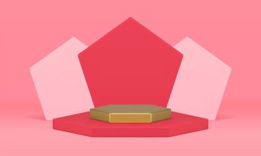 Ürün sunumu için podyum beşgen duvar altıgen kaidesel ödül arenası 3D tasarım gerçekçi vektör illüstrasyonu. Birinci sınıf geometrik sergi temel altıncı minimalist sahne görüntüsü
