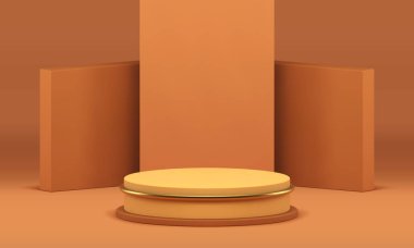 Yaya ürünü sunumu bej renkli silindir 3d sahne dikdörtgen duvar arka plan gerçekçi vektör illüstrasyonuyla. Reklam podyumunu merdiven seviyesindeki geometrik vitrini göster