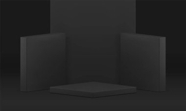 Ürün sunumu için duvarlı siyah performans podyum eşkenar dörtgen sahne görüntüsü 3d kaidesel gerçekçi vektör illüstrasyonu. Geometrik moda kare platform tasarım stüdyosu arka planı