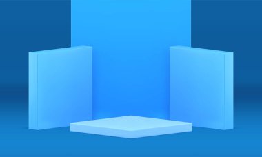3d basamaklı mavi kaidesel geometrik ürün sunumu dekoratif ödüllü gerçekçi vektör illüstrasyonu. Mimari kare stüdyo tasarımı için gösteri podyumu minimalist sahne