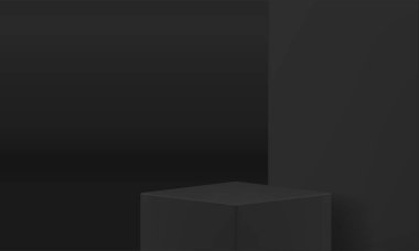 Ürün sunumu için siyah kare podyum 3d küp sahne geometrik vitrin gerçekçi vektör illüstrasyonu. Rhombus sahne defilesi, vitrin minimalist stüdyo arkaplanı hazırlıyor