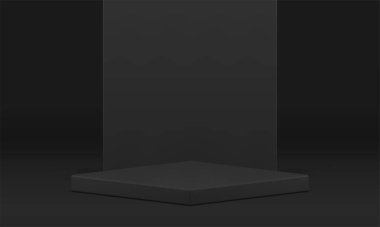 3d sahnesinin karesi siyah gösteri ürünü sunumu geometrik platform gerçekçi vektör illüstrasyonu. Sahne kaidesi reklam ödüllü arena moda stüdyosu arka plan eşkenar dörtgen.