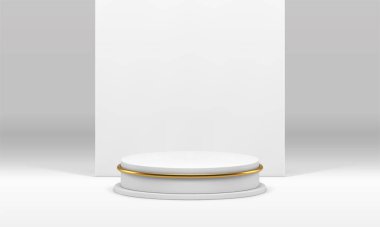 Beyaz 3d podyum sahne seviyesi, altın dekor elementi ürün gösterimi gerçekçi vektör illüstrasyonu. Yuvarlak sahne süsleme ödüllü arena platformu stüdyo arka planı