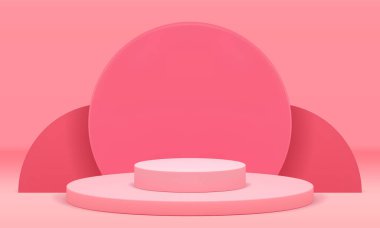 Silindir podyum kaidesi pembe merdiven basamakları ürün tanıtım promo 3d gerçekçi vektör illüstrasyonu. Yuvarlak ekran temeli sahne minimalist görüntüleme stüdyo arka planı