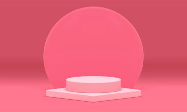 Pembe podyum arenası silindir eşkenar dörtgen dekoratif stüdyo arka planı 3d kaidesel gerçekçi vektör illüstrasyonu. Geometrik taban temeli minimalist vitrin sahne düzenleme merdiven tasarımı