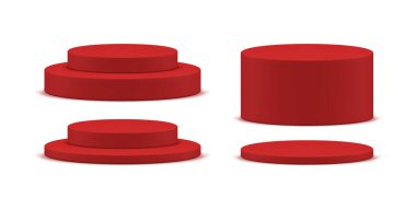 Kırmızı silindir seviyesindeki kaide ödülü 3d sahne sahne dekoru unsuru beyaz gerçekçi vektör illüstrasyonunda izole edildi. Ürün sunumu için adımları olan yuvarlak podyum sahne temel temeli