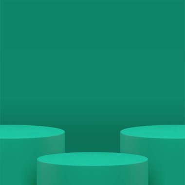Yeşil silindir 3d sahne ürünü reklam stüdyosu arka plan gerçekçi vektör illüstrasyonu. Yuvarlak sahne ödüllü kaidesel sergi yarışması minimalist temel oluşturma