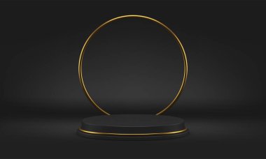 Siyah 3d sahne dairesi vakfı moda reklamları podyum ürün sunumu stüdyo arka plan gerçekçi vektör illüstrasyonu. Lüks kaide ödül arenası temel tasarım sergisi