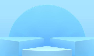 Mavi podyum 3d geometrik platform yarışması başarı ödülü arena stüdyo arka plan gerçekçi vektör illüstrasyonu. Moda üçgeni kare temel sergi görüntüleme seviyesi