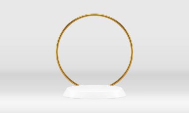 Perakende satış ürünleri gerçekçi vektör illüstrasyonları için altın çerçeve stüdyo arka planına sahip 3 boyutlu sahne silindiri podyum. Birinci sınıf yuvarlak temel temel fondöten ödülü zarif tasarım.
