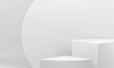 Ürün tanıtımı için 3d beyaz geometrik podyum kare üçgen merdiven gerçekçi vektör illüstrasyonu. Şık kaidesel stüdyo arka plan pazarlama ürünleri perakende satış vakfı