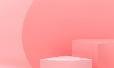 Ürün sunumu için Pembe 3d sahne geometrik podyum perakende gösterisi gerçekçi vektör illüstrasyonu. Yaya merdivenleri temel minimalist sahne yarışması dekoratif tasarım sergisi