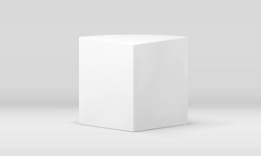 Beyaz 3d kutulu simetrik podyum geometri inşaatı sahne temeli gerçekçi vektör illüstrasyonu. Ürün sunumu stüdyo dekoratif arka planı için dikdörtgen kaide sahne görüntüsü