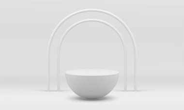 Gerçekçi vektör illüstrasyonları için kemerli beyaz 3d kaidesel sahne ödülü arenası. Yarı daire podyum sahne sunumu minimalist görüntüleme yapı platformu