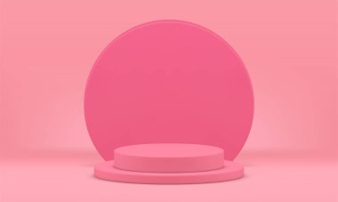 Pembe silindir 3d podyum daire duvar ödüllü arena tanıtım ürünü reklamları için gerçekçi vektör illüstrasyonu. Yuvarlak temel temel yapı platformu dekoratif tasarımı