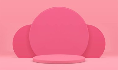 3d aşamalı pembe silindir temeli daire duvar ürünü sunum sunumu gerçekçi vektör illüstrasyonu. Podyum sergisi kaidesi yuvarlak, zarif ürün platformu standı