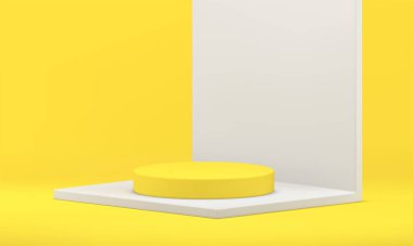 3d podyum sarı silindir sahne kare duvar temeli arena stüdyo arka planı izometrik gerçekçi vektör çizimi. Temel olay kutlaması ürünü sunumu minimalist dekor unsurunu kazan