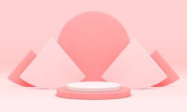 Kozmetik ürün tanıtımı sunumu için Pembe 3d podyum geometrik vitrin vakfı gerçekçi vektör illüstrasyonu. Birinci sınıf silindir kaidesel üçgen şekil dekoru element stüdyo arkaplanı