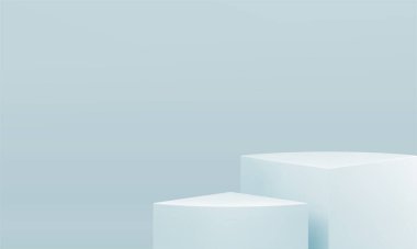 Üçgen 3d podyum iki geometrik kutu vakıf ödülü arena sahne gerçekçi vektör illüstrasyonu. Temel beyaz platform seremonisi dekoratif tasarım stüdyosunun arka planında duruyor.