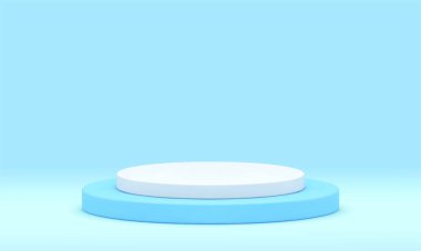 3d sahne podyum mavi silindirli boş vitrin yarışmayı kazandı minimalist tasarım gerçekçi vektör illüstrasyonu. Pedestal yuvarlak temel temel sergi salonu düzeyinde dekoratif sahne platformu