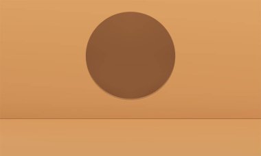 3D iç mekan tasarımı minimalist bej stüdyo arka plan dairesi delik gerçekçi vektör illüstrasyonu. Boş sergi salonu geometrik vitrin işi üç boyutlu dekorasyon reklamı