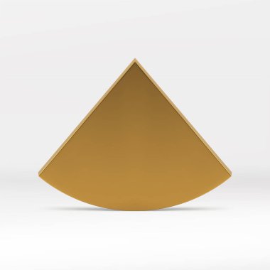 Altın 3d üçgen kıvrımlı piramit premium dekoru dikey duvar tasarımı gerçekçi vektör çizimi. Geometrik minimalist açısal yapı metalik platform oluşturma stüdyo arka planı